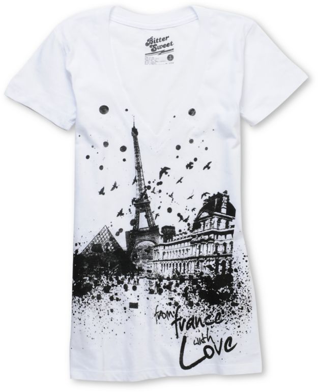 Bitter Sweet From France With Love  White V-Neck UV Ink Tee Shirt