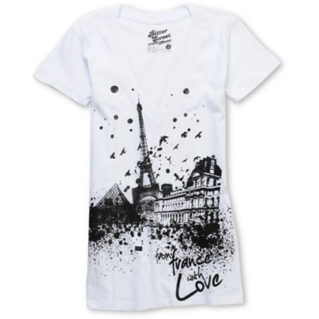 Bitter Sweet From France With Love  White V-Neck UV Ink Tee Shirt