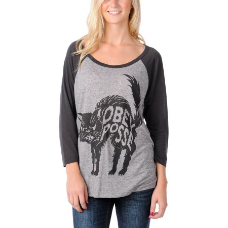 Obey Girls Bad Luck Black & Heather GreyBaseball Tee Shirt