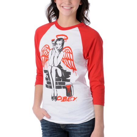 Obey Girls Pin Up Wings Red & White Baseball Tee Shirt