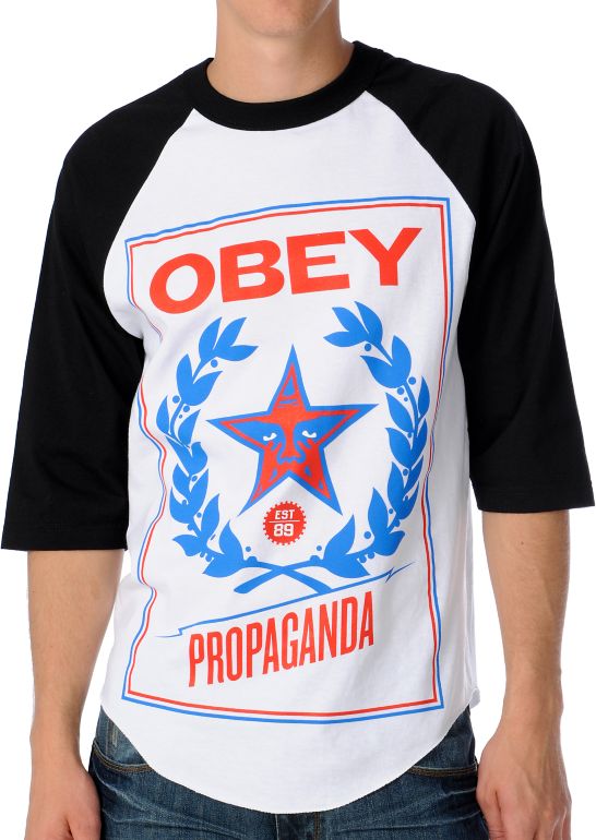Obey Classic Crest Black & White Baseball Tee Shirt