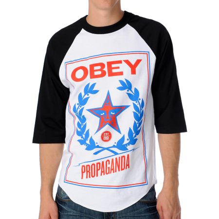 Obey Classic Crest Black & White Baseball Tee Shirt