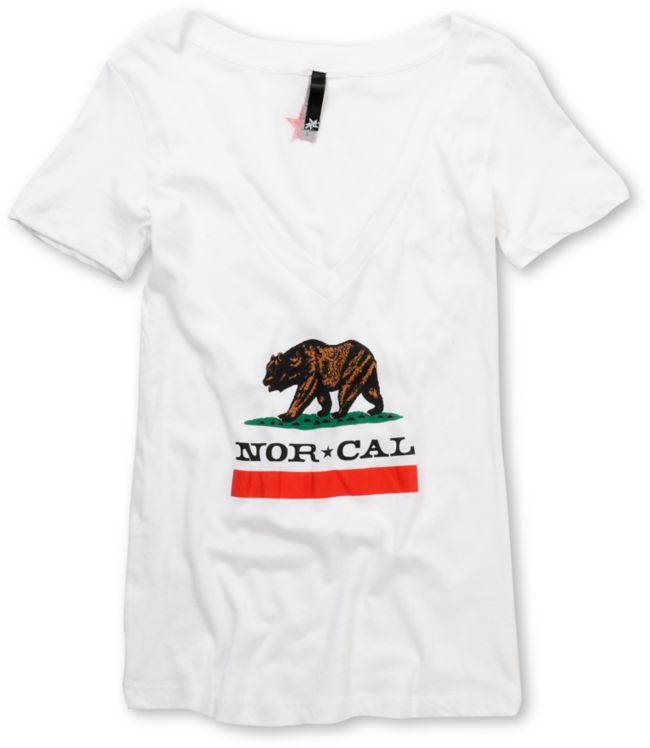 Nor Cal Girls Republic White Deep V-Neck Tee Shirt