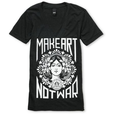 Obey Girls Make Art Not War Black Glow In The Dark V-Neck Tee Shirt