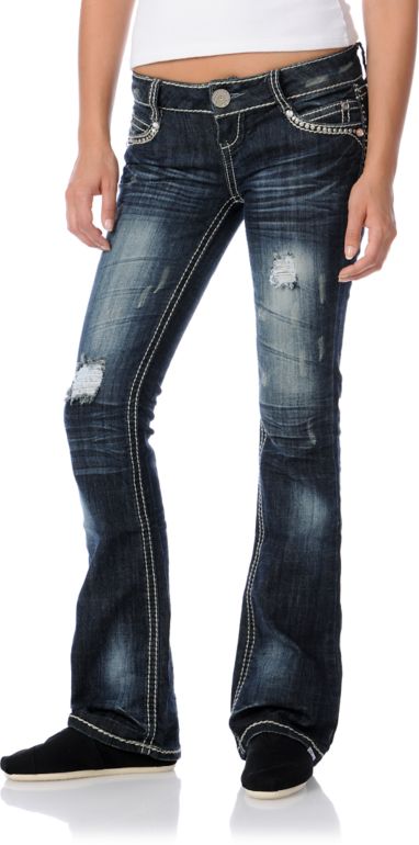 Almost Famous Marylyn Distressed Rhinestone Bootcut Jeans