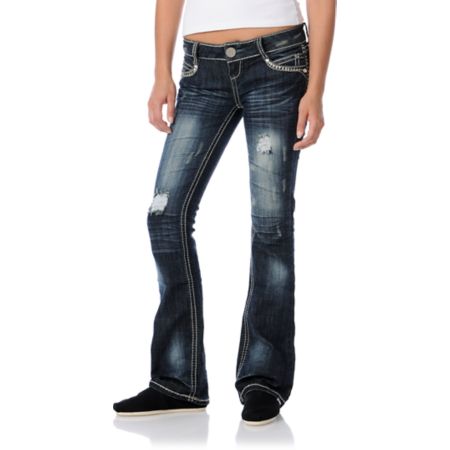 Almost Famous Marylyn Distressed Rhinestone Bootcut Jeans