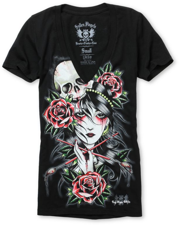 Sullen Girls Angels Brushes Black V-Neck Tee Shirt