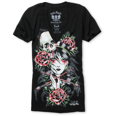 Sullen Girls Angels Brushes Black V-Neck Tee Shirt