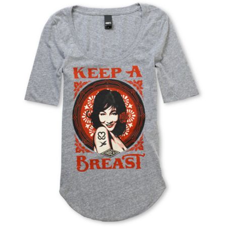 Obey Girls Keep A Breast Heather Grey Dance Tee Shirt