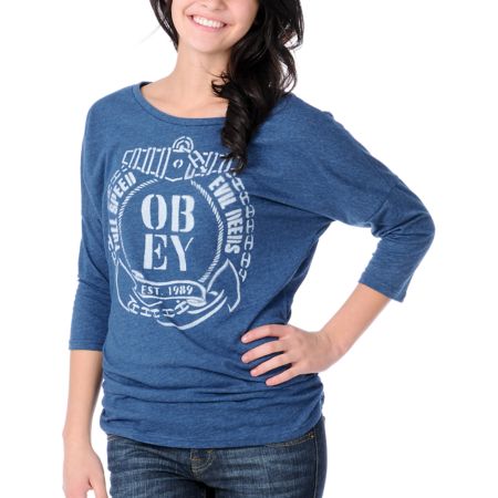 Obey Girls Full Speed Heather Navy Tri Blend Dolman Top