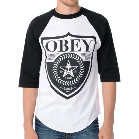 Obey Low Life Shield Black & White Baseball Tee Shirt