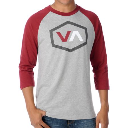 RVCA Oiler Grey & Maroon Baseball Tee Shirt