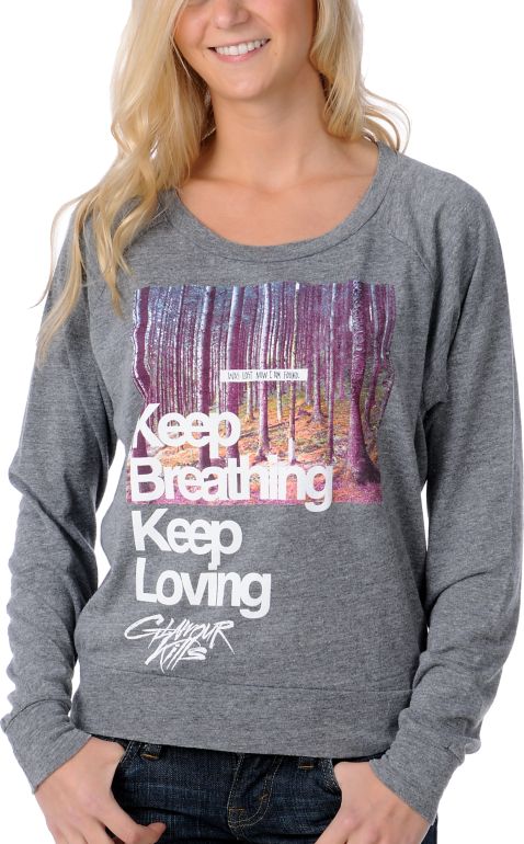 Glamour Kills Keep Breathing Grey Raglan Crew Neck Top