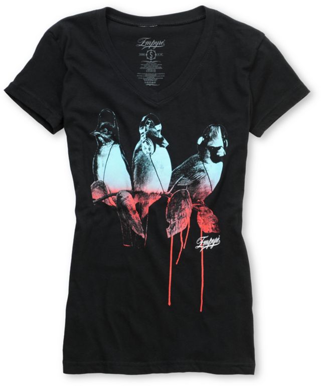 Empyre Girl Bird Brain Black V-Neck Tee Shirt