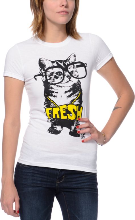 A-lab Girls Cat Glasses White Tee Shirt