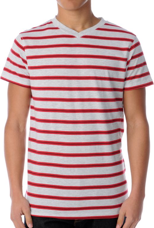 Empyre Boomerang Grey & Red Striped V-Neck Tee Shirt
