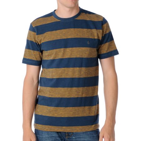 Volcom Two Fold Guys Navy Striped Crew Tee Shirt