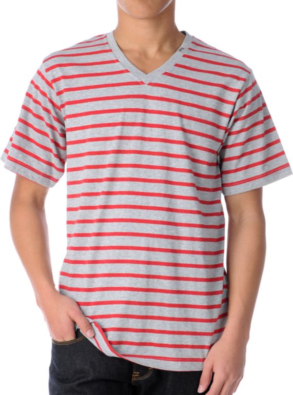 LRG CC Striped Red & Grey V-Neck Tee Shirt