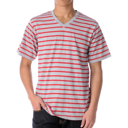 LRG CC Striped Red & Grey V-Neck Tee Shirt