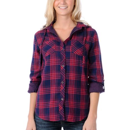 Fatal Charm Forage Plaid Red & Purple Hooded Flannel Shirt