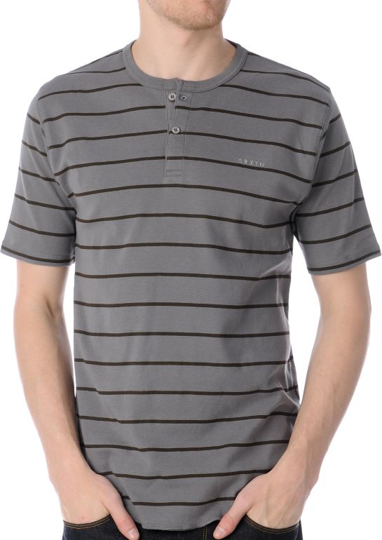 Brixton Lewis Grey & Brown Striped Henley Tee Shirt