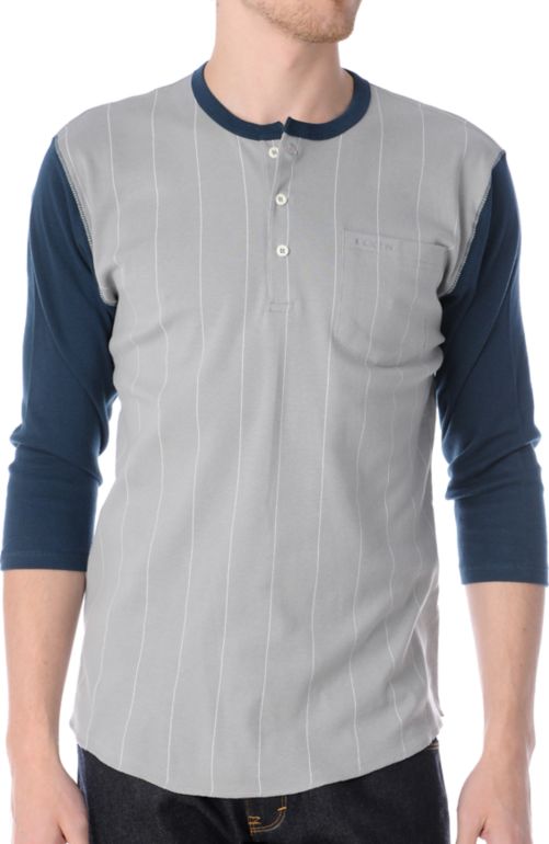 Brixton Detroit Grey & Blue Henley Baseball Tee Shirt
