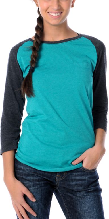Zine Girls Bluegrass Turquoise & Charcoal Baseball Tee Shirt