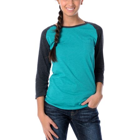Zine Girls Bluegrass Turquoise & Charcoal Baseball Tee Shirt