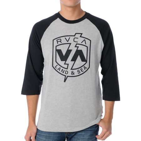 RVCA Land And Sea Black & Grey Baseball Tee Shirt