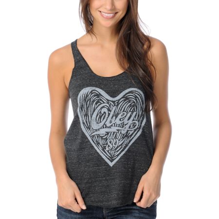 Obey Girls Wood Cut Heart Charcoal Heather Tank Top