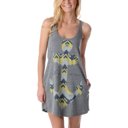 Obey Girls Ikat Anchor Heather Grey Tank Dress 