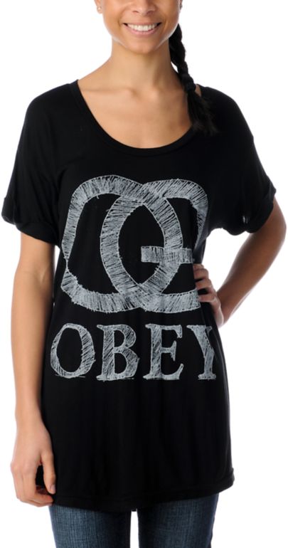 Obey Girls Pencil OG Black Rolled Sleeve Dolman Tee Shirt