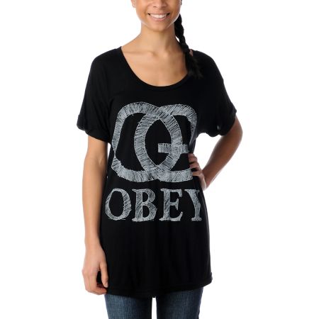 Obey Girls Pencil OG Black Rolled Sleeve Dolman Tee Shirt
