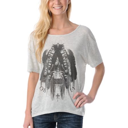 Obey Girls Feathers Oatmeal Color Low Back Tee Shirt