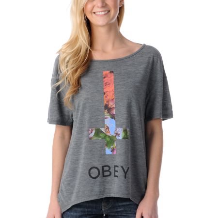 Obey Girls Salem Spring Charcoal Low Back Tee Shirt