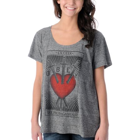 Obey Girls Tainted Love Heather Grey Boyfriend Fit Tee Shirt 