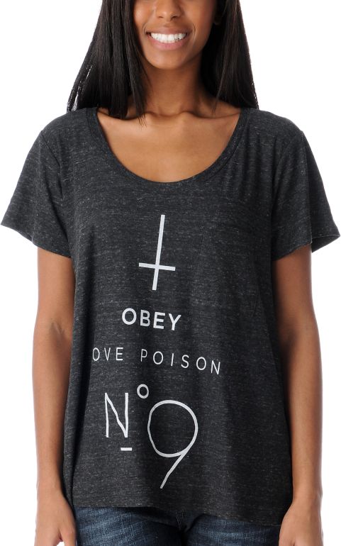 Obey Girls No 9 Charcoal Oversized Tri Blend Burnout Tee