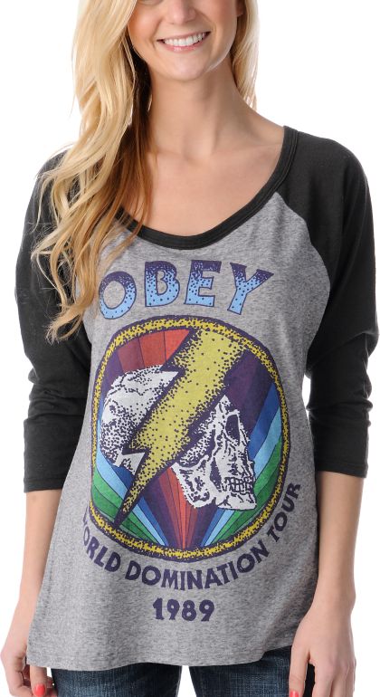 Obey Girls World Domination Heather Grey & Black Baseball Tee