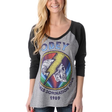 Obey Girls World Domination Heather Grey & Black Baseball Tee Shirt