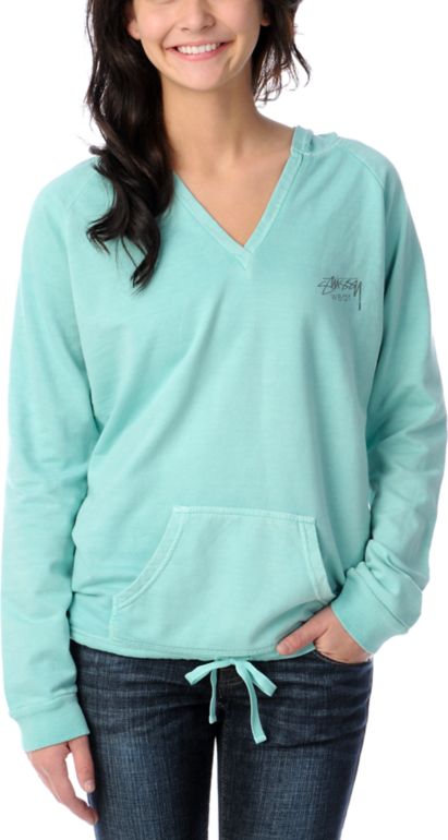 Stussy Girl Wear Aqua V-Neck Pullover Hoodie