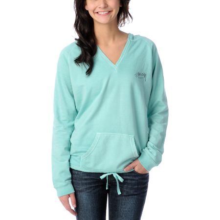 Stussy Girl Wear Aqua V-Neck Pullover Hoodie