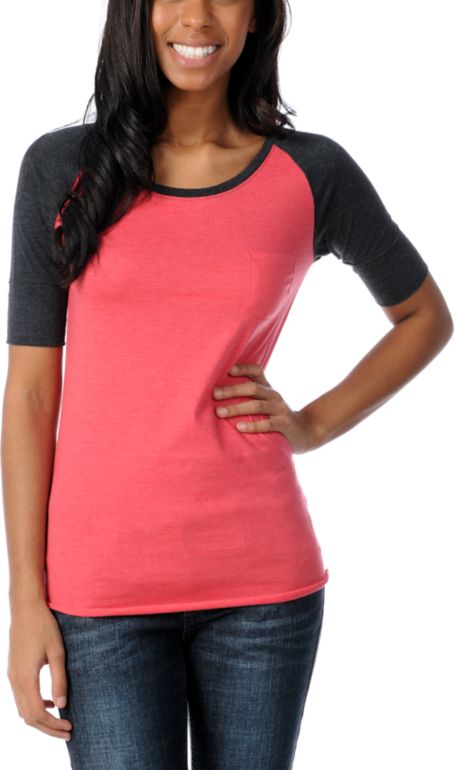 Zine Girls Teaberry Pink & Charcoal Short Sleeve Baseball Tee Shirt