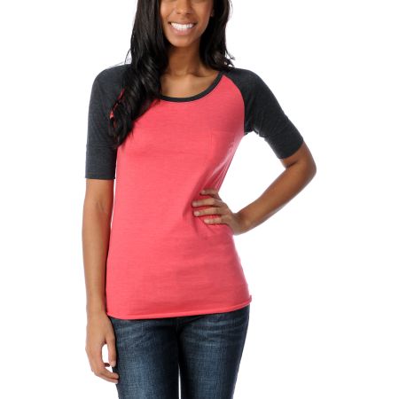 Zine Girls Teaberry Pink & Charcoal Short Sleeve Baseball Tee Shirt