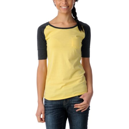Zine Girls Aspen Gold & Charcoal Short Sleeve Baseball Tee Shirt