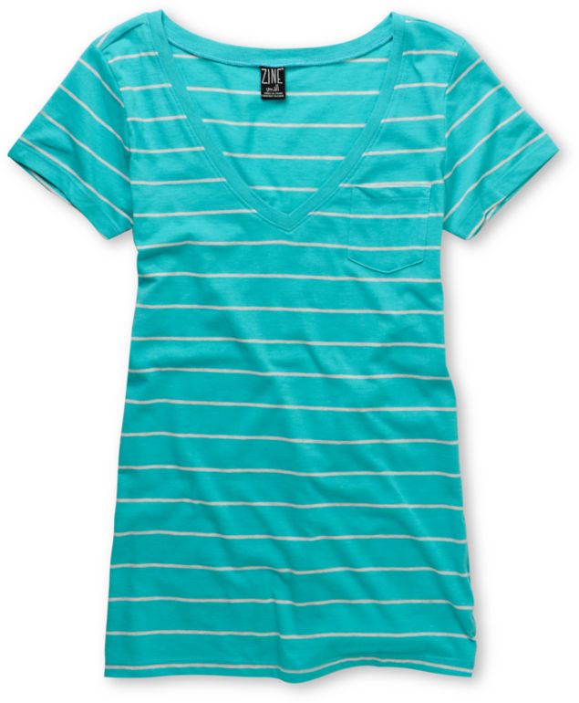Zine Girls Pastel Blue Striped V-Neck Pocket Tee Shirt