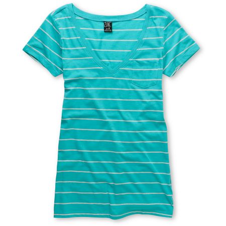 Zine Girls Pastel Blue Striped V-Neck Pocket Tee Shirt
