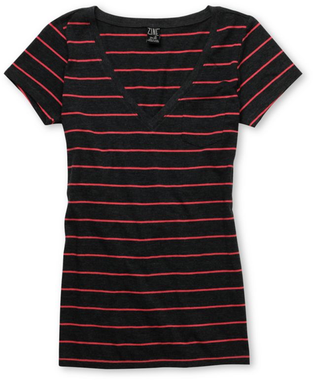 Zine Girls Striped Charcoal & Pink V-Neck Tee Shirt