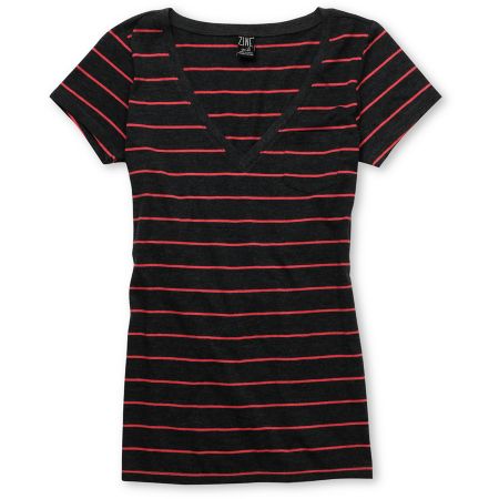 Zine Girls Striped Charcoal & Pink V-Neck Tee Shirt