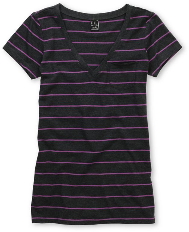 Zine Girls Striped Charcoal & Purple V-Neck Tee Shirt