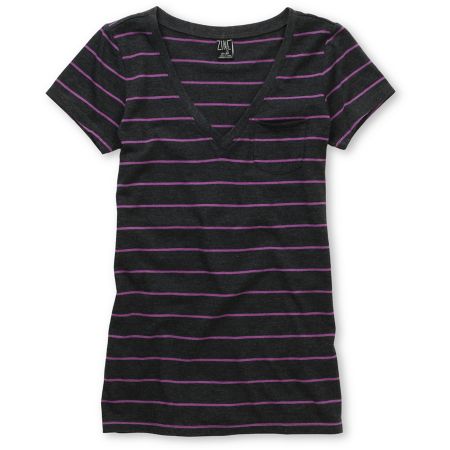 Zine Girls Striped Charcoal & Purple V-Neck Tee Shirt